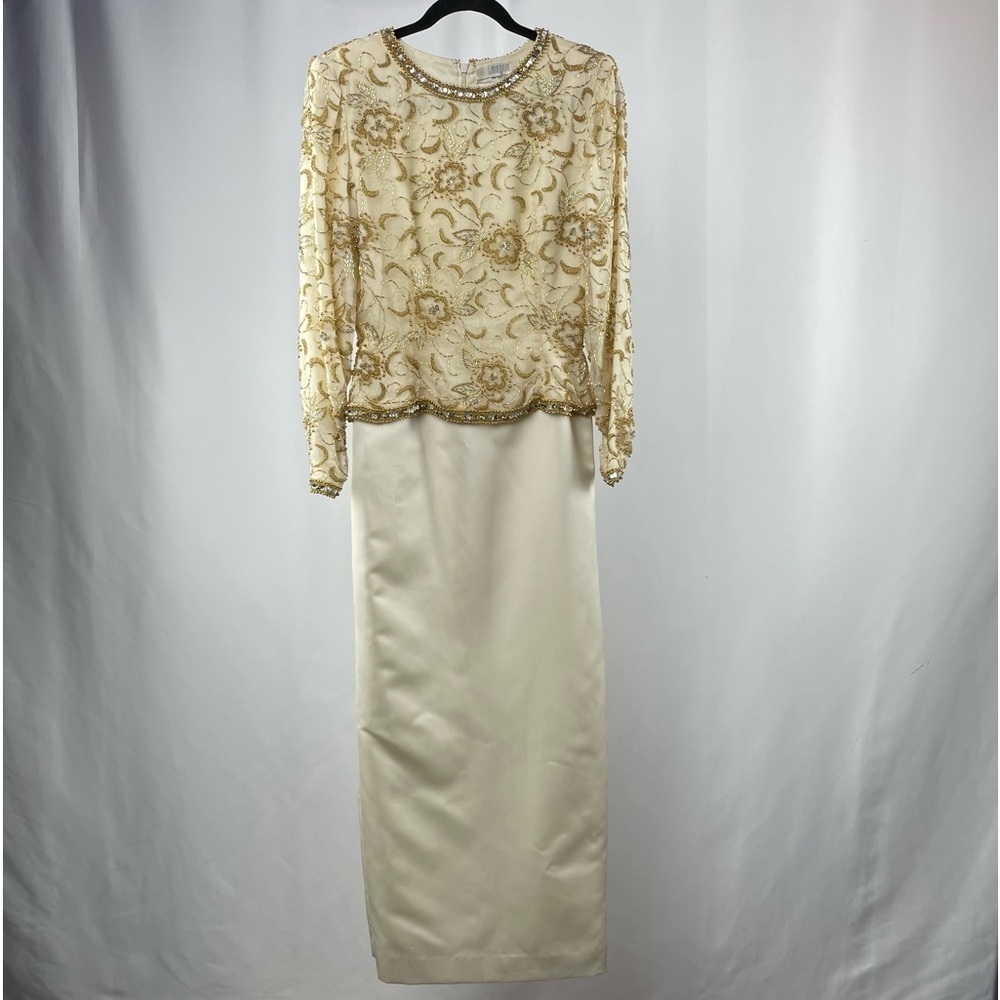 Vintage I.MAGNIN Crew Neck Long Dress In Gold and White Size 6
